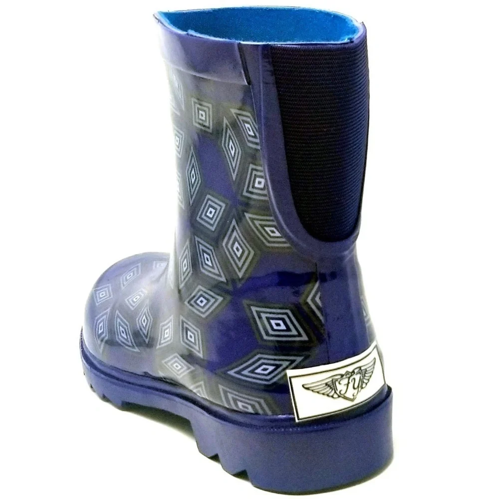 Women's Rainboots, Rubber Ankle Rain Boots, #3160, Blue Geometric Pattern